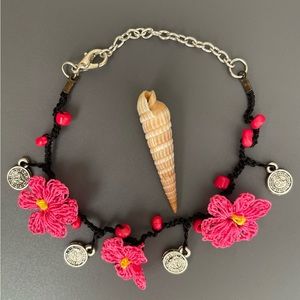 Handmade Crochet Anklet, Floral Ankle Bracelet, Ankle Accessory, dark pink